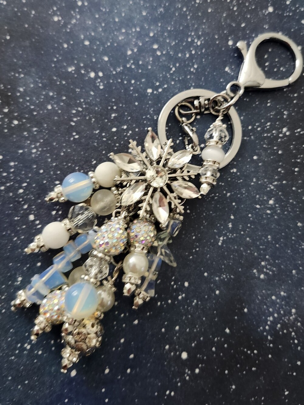 Rhinestone Snowflake Purse Charm White Opal White Jade Cherry Quartz Handcrafted